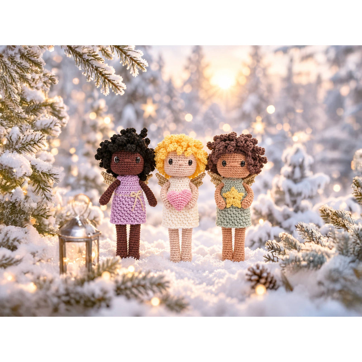 De drie gehaakte engeltjes Bow, Heart en Star samen in winterlandschap