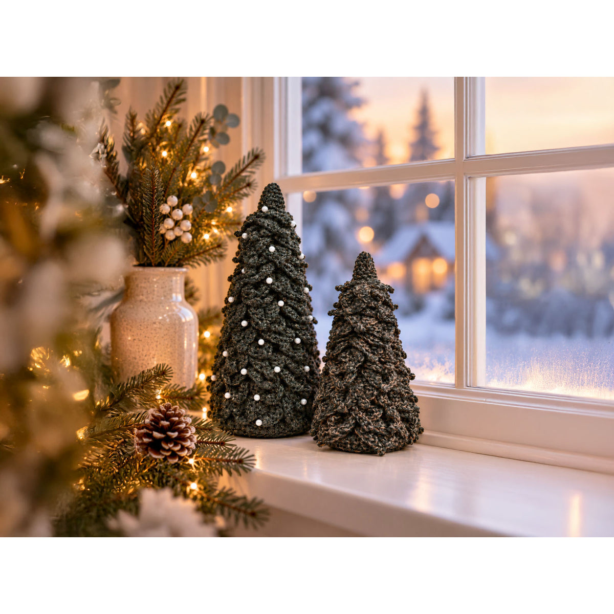 Twee gehaakte kerstbomen als decoratie op vensterbank bij winters raam