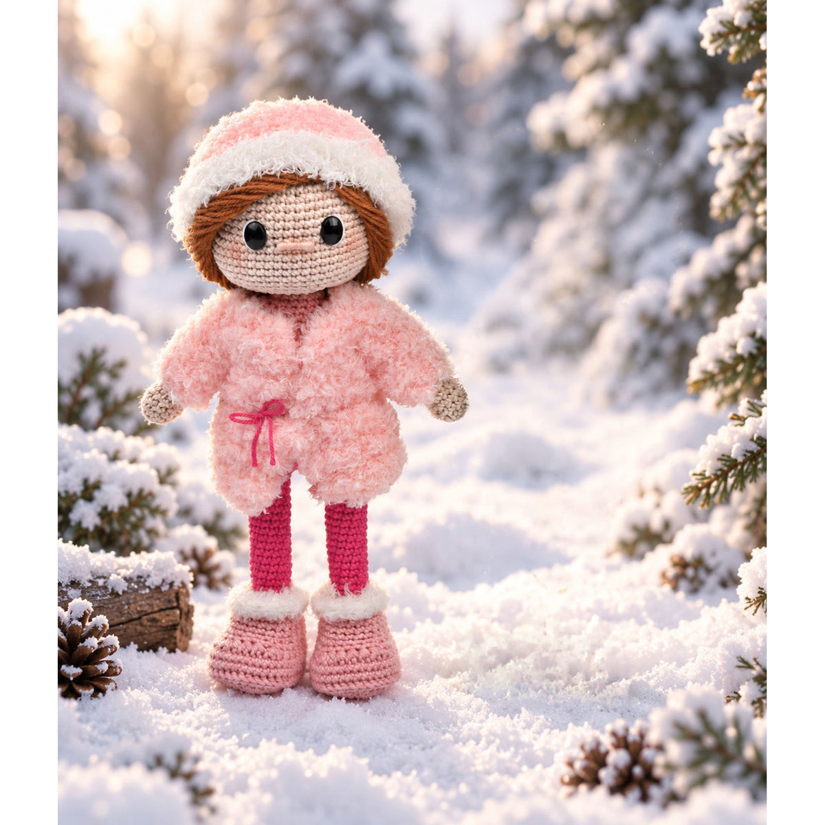 Gehaakt wintermeisje Wendy in roze winterkleding in besneeuwd landschap