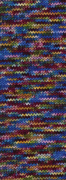 Lana Grossa Meilenweit 100 Sooty 6230 Blauw/Lichtblauw/Geel/Donkerrood/Roze/Olijfgroen/Geel/Oker - voorbeeld van het kleurverloop in gebreide steken