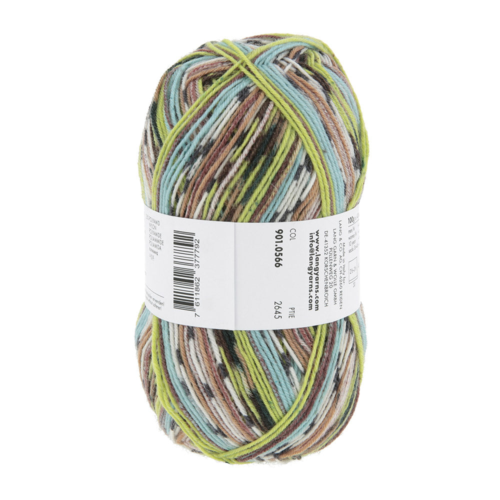 Lang Yarns Super Soxx Color 4-Fach 566 Groen/Bruin 1153 Kiwi - gebreide sjaal in het zelfstrepende kleurverloop