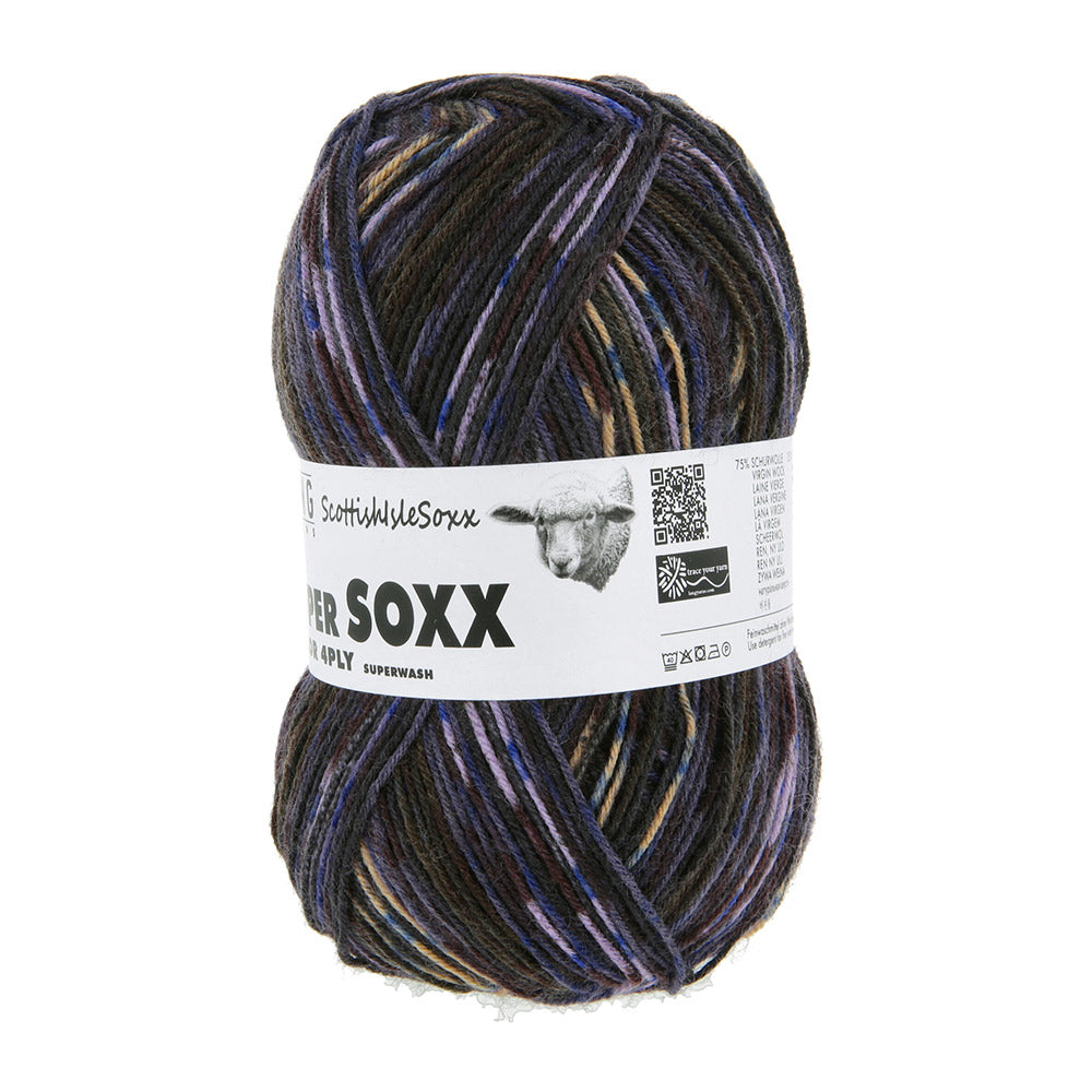 Lang Yarns Super Soxx Color 4-Fach 572 Donkerolijf/Zwart 1154 Shetland - gebreide sokken met zelfstrepend kleurpatroon