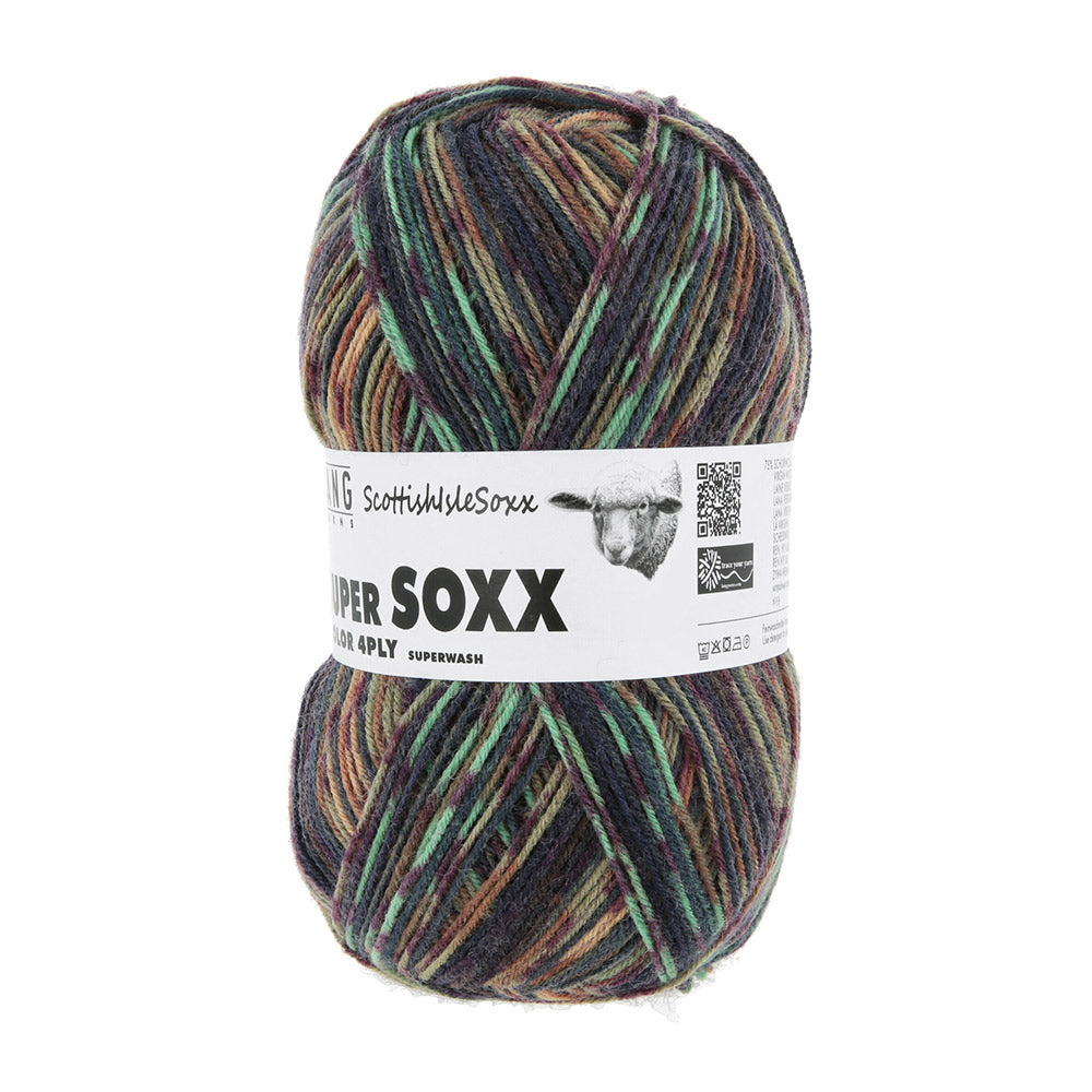 Lang Yarns Super Soxx Color 4-Fach 574 Mandarijn/Mint/Bruin 1154 Harris - gebreide sokken met zelfstrepend kleurpatroon