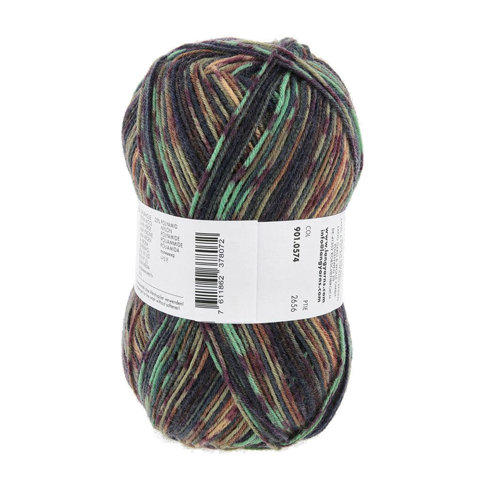 Lang Yarns Super Soxx Color 4-Fach 574 Mandarijn/Mint/Bruin 1154 Harris - gebreide sjaal in het zelfstrepende kleurverloop
