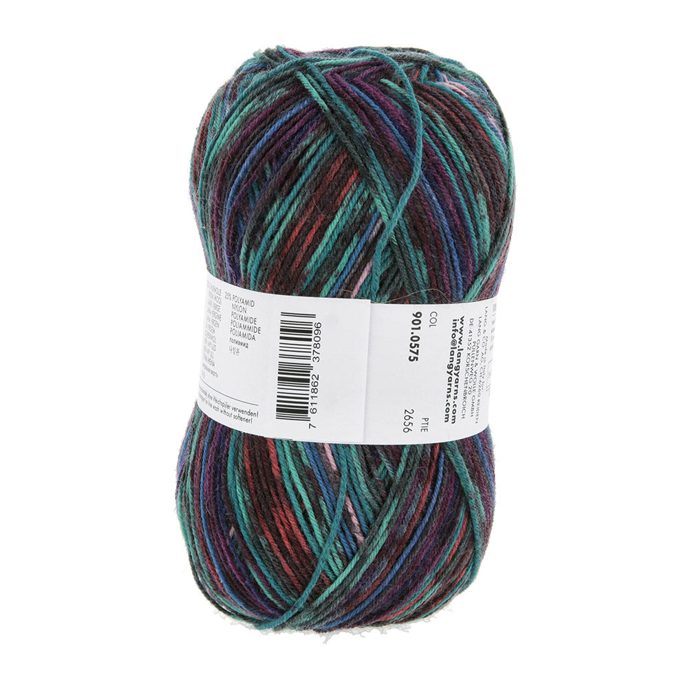 Lang Yarns Super Soxx Color 4-Fach 575 Turquoise/Blauw/Oranje 1154 Skye - gebreide sjaal in het zelfstrepende kleurverloop