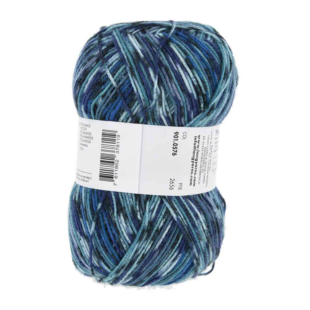 Lang Yarns Super Soxx Color 4-Fach 576 Blauw 1154 Iona - gebreide sjaal in het zelfstrepende kleurverloop
