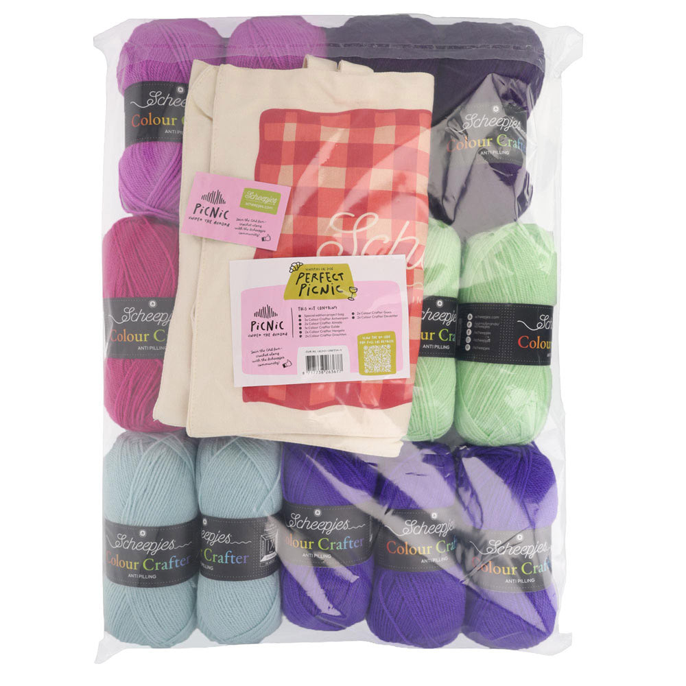 Scheepjes The Perfect Picnic CAL2026 kit Colour Crafter - Aurora - inhoud van de CAL kit met garen en Perfect Picnic tote bag