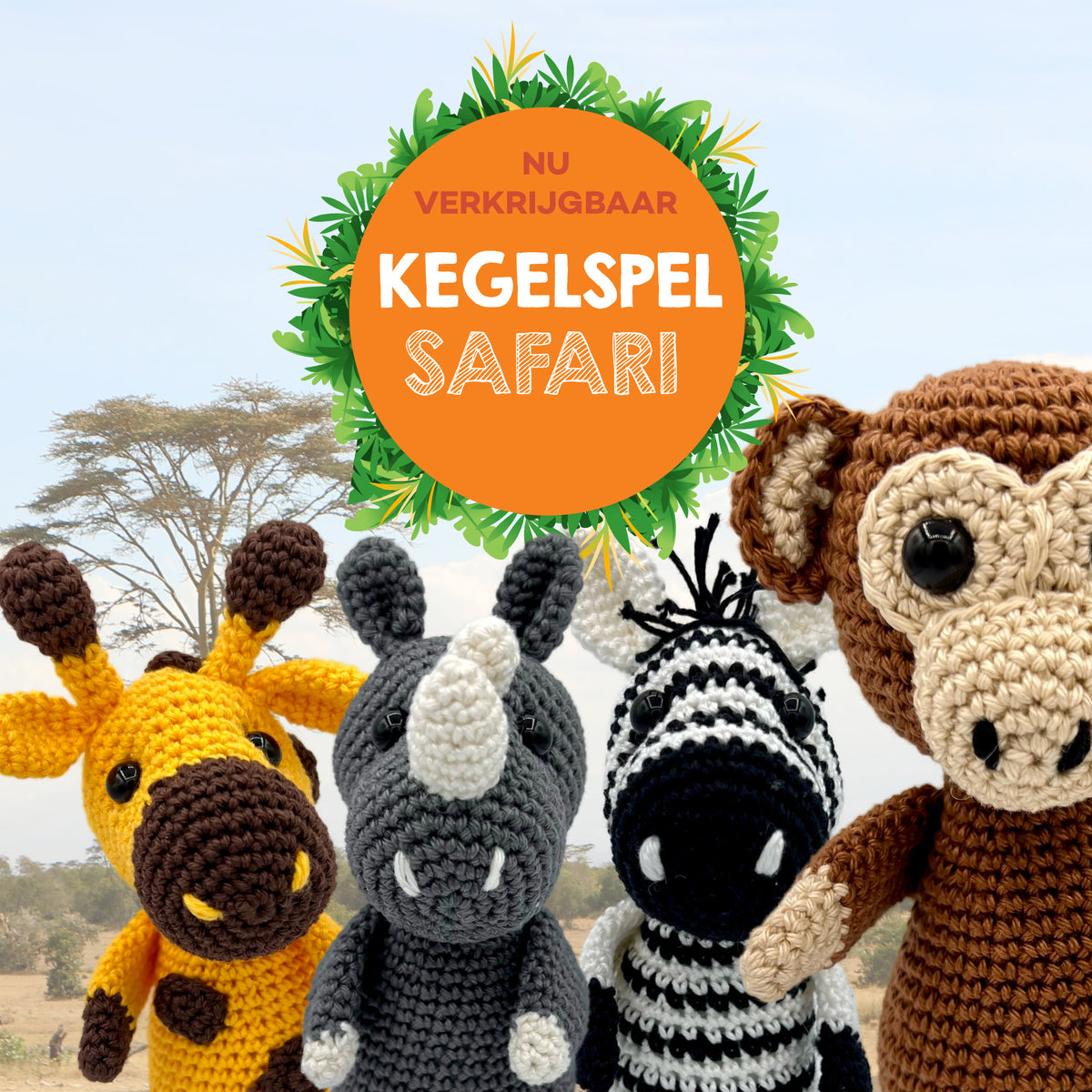 Safari Kegelspel met kleurrijke gehaakte dieren in Durable Coral