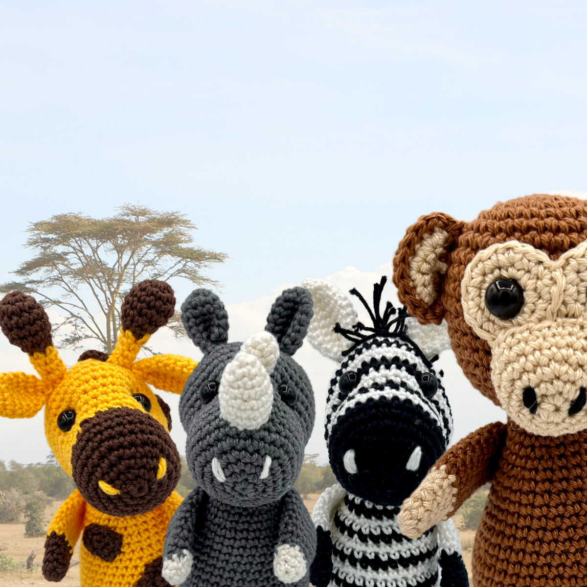 Groepsfoto van gehaakte safarikegels van YarnZoo