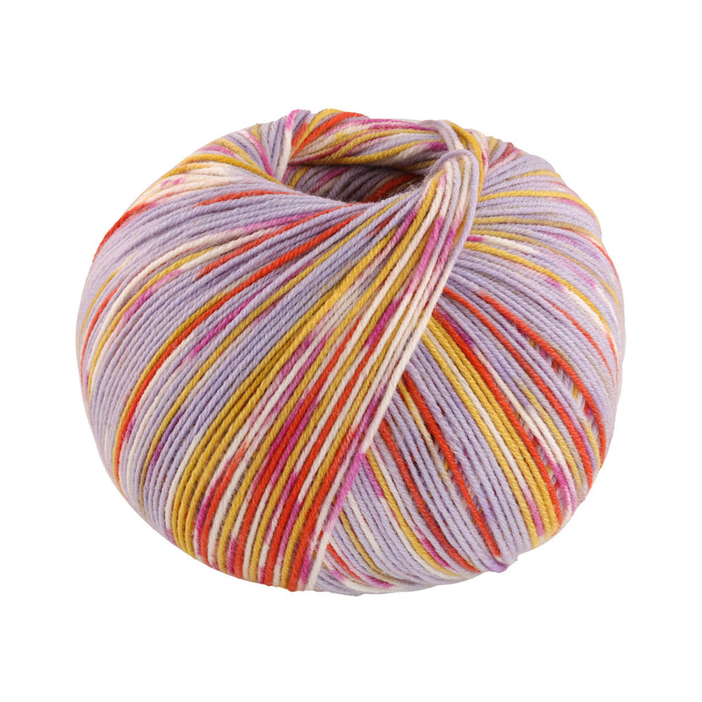 Lana Grossa Cool Wool 4 Socks Print 3 7208 Violet Blauw/Curry/Klei Rood/Ecru/Fuchsia