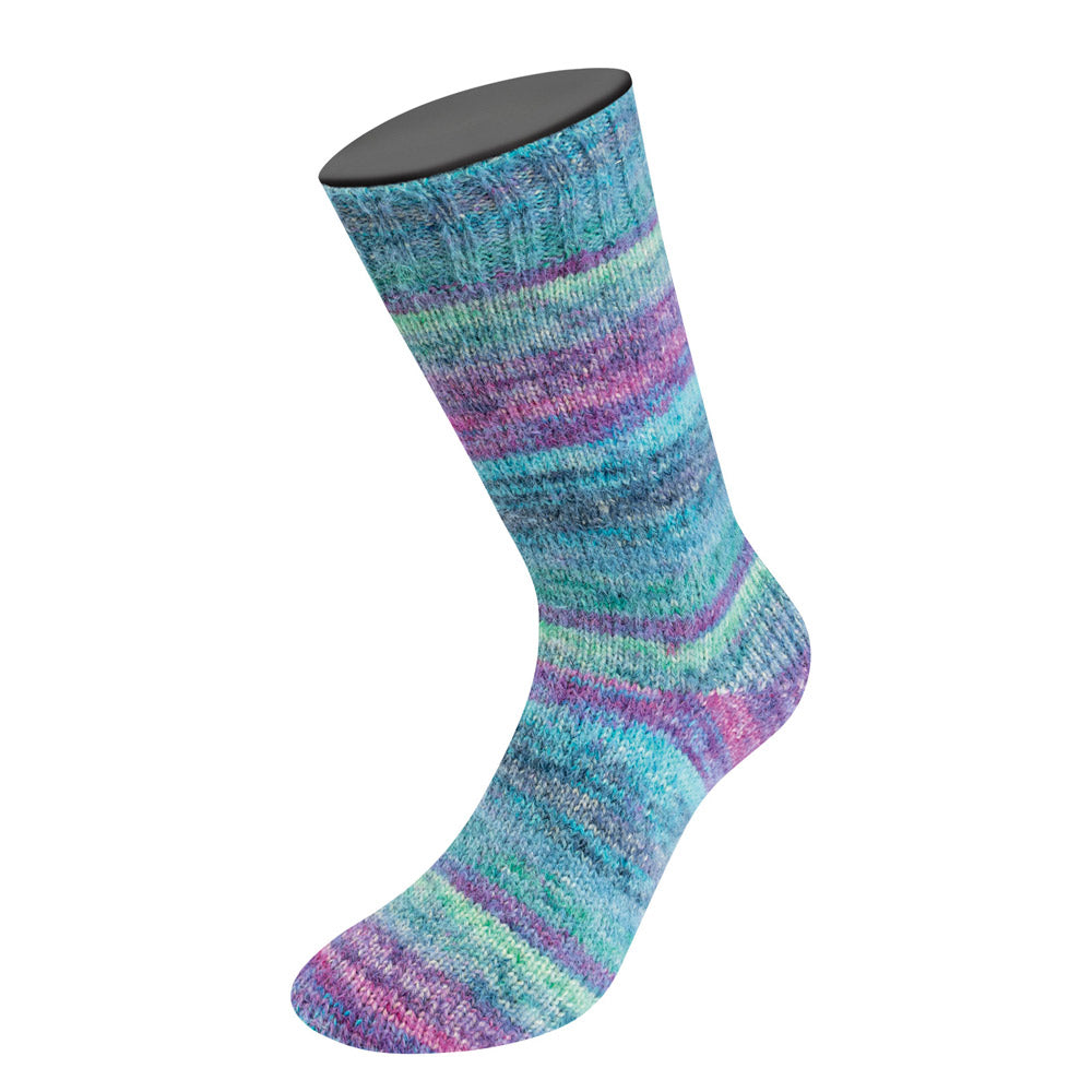Lana Grossa Cosy Socks Dream 255 Blauwgrijs / Petrol / Turquoise / Blauw- / Roodviolet / Lichtblauw / Jeans / Jade - detailfoto van het kleurverloop en draadstructuur