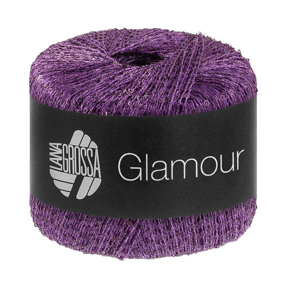 Lana Grossa Glamour 021 Donkerviolet bol pailletgaren gefotografeerd tegen een neutrale achtergrond