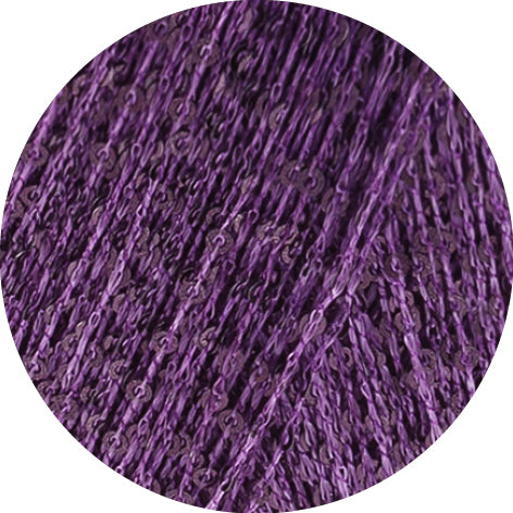 Lana Grossa Glamour 021 Donkerviolet close-up van de fijne draad en glanzende pailletten