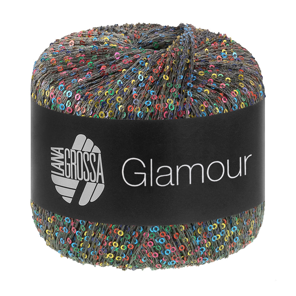 Lana Grossa Glamour 107 Donkerblauw/-grijs bol pailletgaren gefotografeerd tegen een neutrale achtergrond