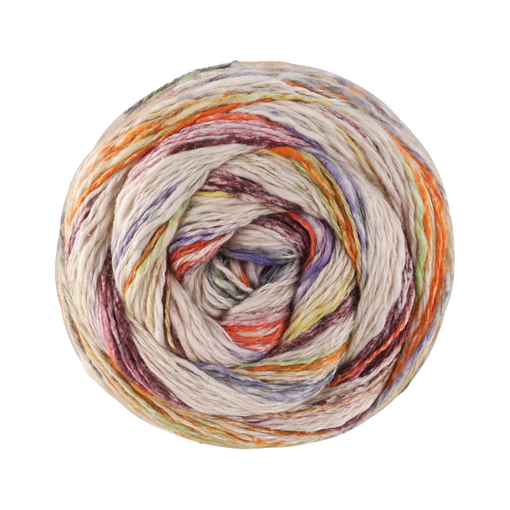Lana Grossa Gomitolo Hippie 3035 Oranje/Zwarte Bes/Natuur/Paarsblauw/Lichtgroen/Limoen