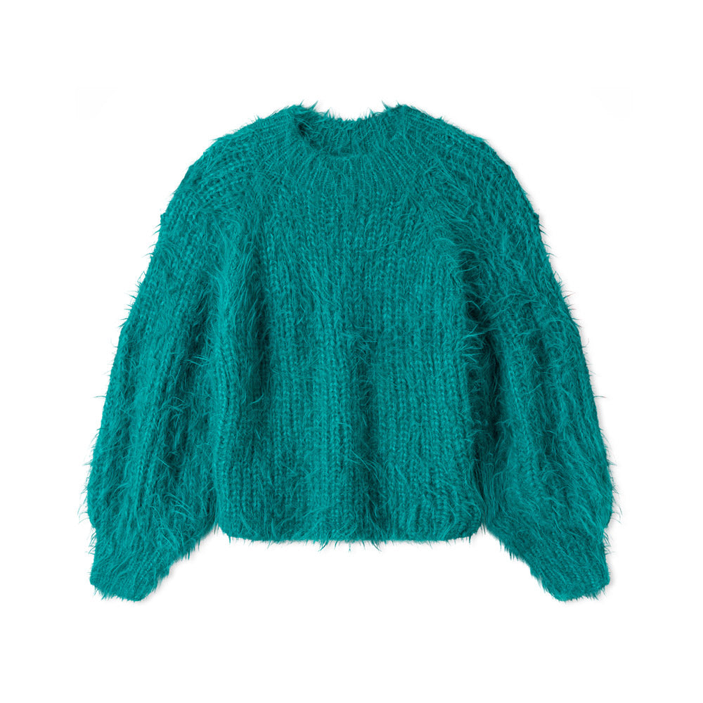 Lana Grossa Filati Journal No. 72 model 28 - turquoise fluffy trui, vrijstaand model