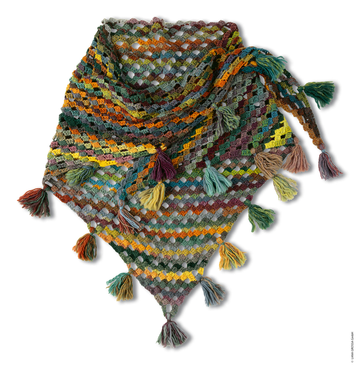 Lana Grossa Doeken & Co Nr. 10 model 3 - kleurrijke driehoeksdoek met kwastjes, vrijstaand - Colorissimo