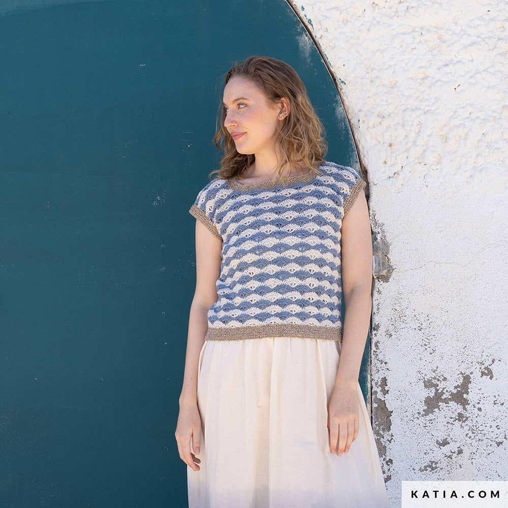 Patroon breien haken dames topje lente zomer katia — gemaakt met Katia Blue Jeans II (5)