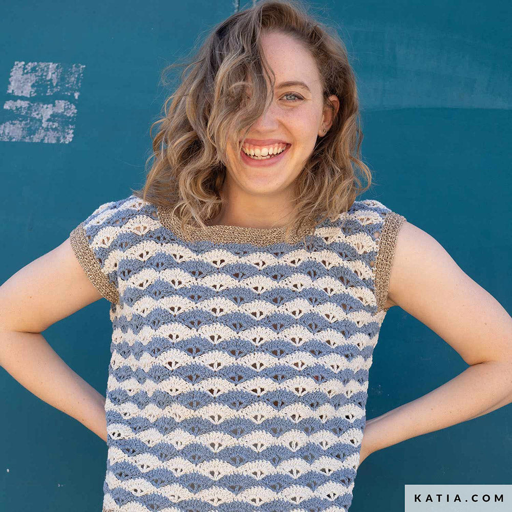 Patroon breien haken dames topje lente zomer katia — gemaakt met Katia Blue Jeans II