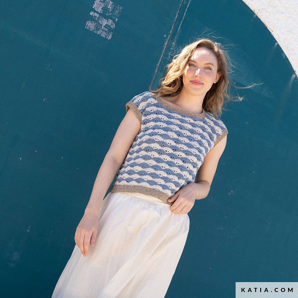 Patroon breien haken dames topje lente zomer katia — gemaakt met Katia Blue Jeans II (6)