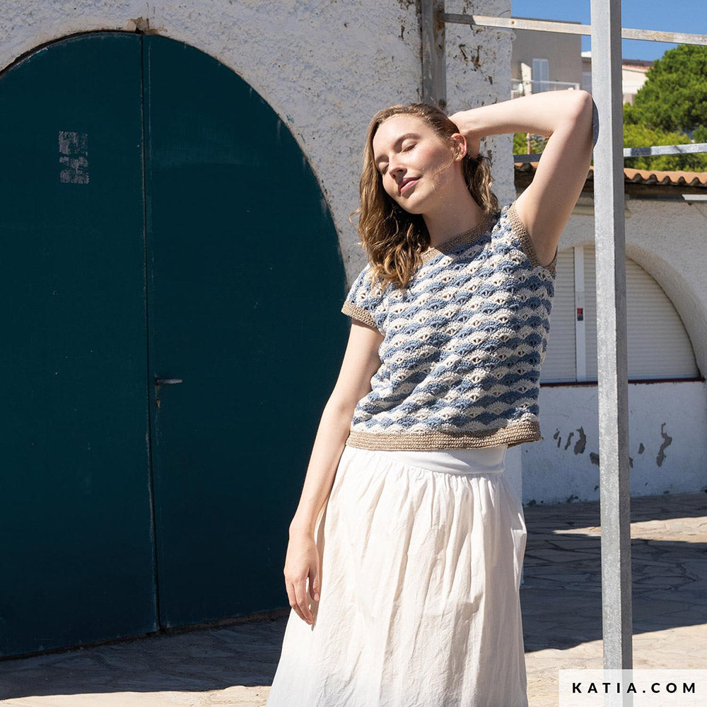 Patroon breien haken dames topje lente zomer katia — gemaakt met Katia Blue Jeans II (3)
