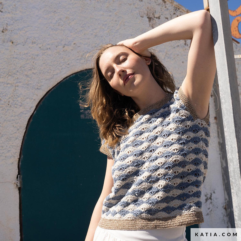 Patroon breien haken dames topje lente zomer katia — gemaakt met Katia Blue Jeans II (4)