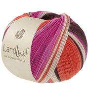 Lana Grossa Landlust Die Sockenwolle 135 Grijsbruin/Fuchsia/Ecru/Terracotta/Orchidee gestreept