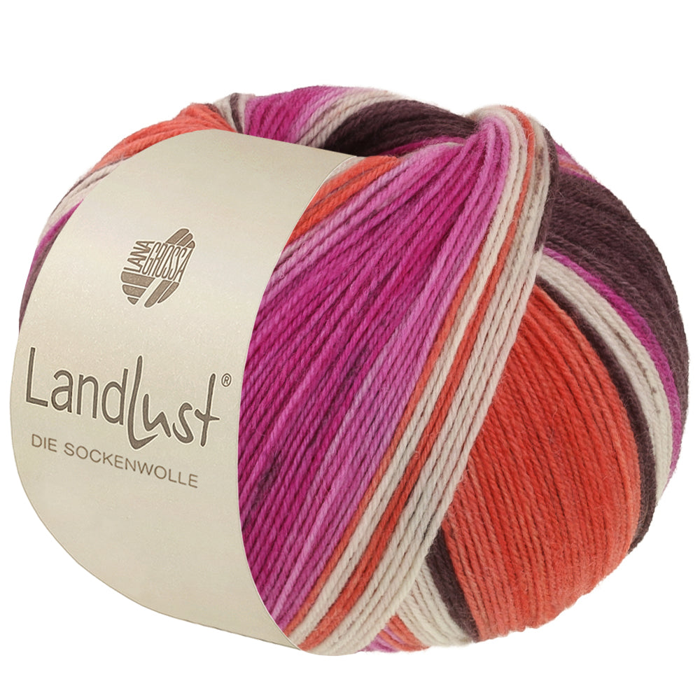Lana Grossa Landlust Die Sockenwolle 135 Grijsbruin/Fuchsia/Ecru/Terracotta/Orchidee gestreept