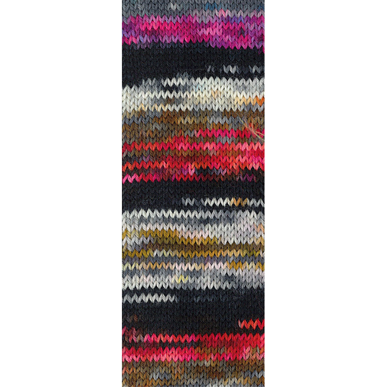 Gebreide proeflap van Lana Grossa Meilenweit 100 Cascata 5206 met zichtbaar kleurverloop in Zwart / Grijs / Licht- / Zilvergrijs / Oker / Bruin / Rood / Roze