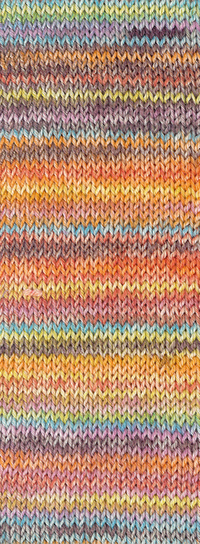 Gebreid proeflapje van Lana Grossa Meilenweit 100 Cashmere Inverno 121 in lila, lichtblauw, geel, oranje, limoen, oudroze, rood, camel, taupe en turquoise
