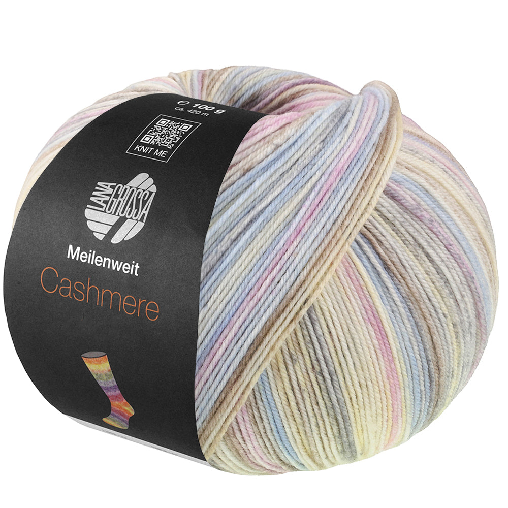 Lana Grossa Meilenweit 100 Cashmere Inverno 126 bol sokkengaren in lichtblauw, lila, ecru, lichtgrijs, vanille, grijs en taupe
