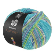 Lana Grossa Meilenweit 100 Cashmere Pista 144 Turquoise/Wit/Blauw/Citroengeel/Violetblauw/Pistache gestreept - bol sokkengaren met kasjmier