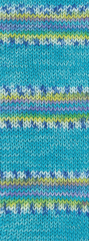 Lana Grossa Meilenweit 100 Cashmere Pista 144 Turquoise/Wit/Blauw/Citroengeel/Violetblauw/Pistache gestreept - detail van gebreid streeppatroon