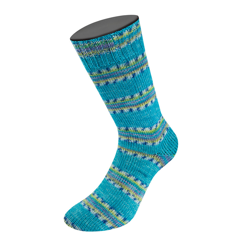 Lana Grossa Meilenweit 100 Cashmere Pista 144 Turquoise/Wit/Blauw/Citroengeel/Violetblauw/Pistache gestreept - gebreide sok met automatisch streeppatroon