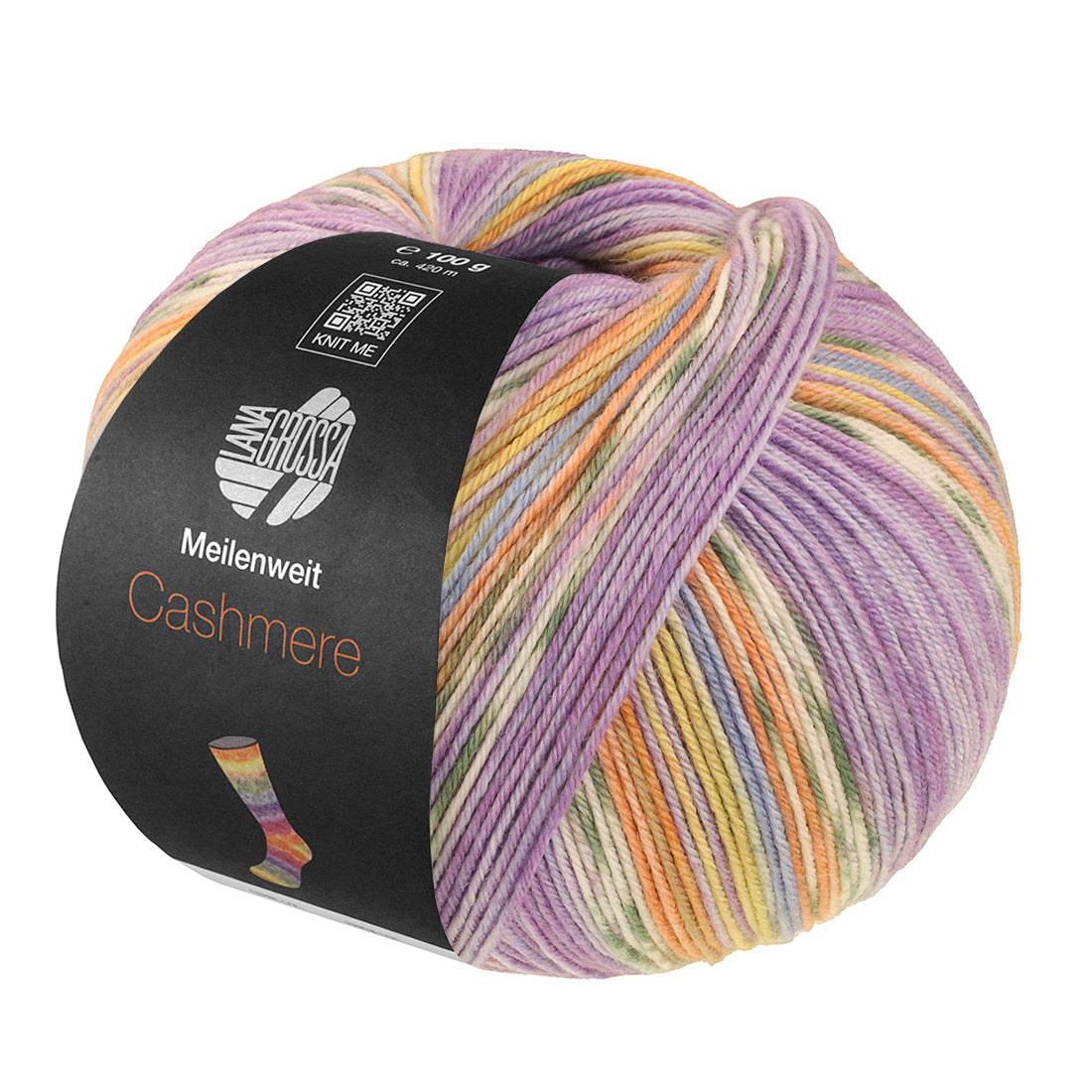 Lana Grossa Meilenweit 100 Cashmere Pista 145 Lila/Violet/Wit/Grijsgroen/Oranje/Hemelsblauw/Citroengeel gestreept - bol sokkengaren met kasjmier