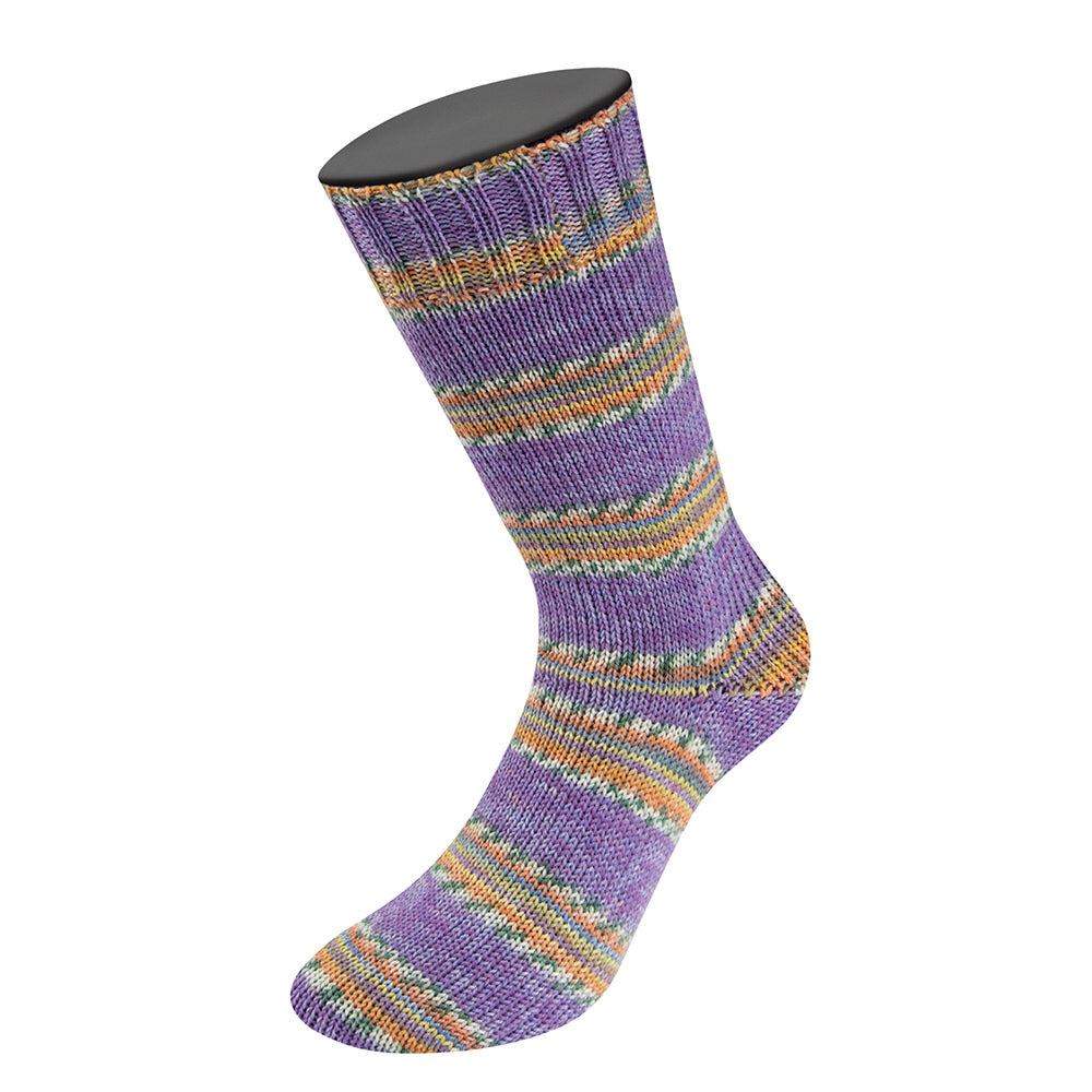 Lana Grossa Meilenweit 100 Cashmere Pista 145 Lila/Violet/Wit/Grijsgroen/Oranje/Hemelsblauw/Citroengeel gestreept - gebreide sok met automatisch streeppatroon