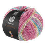 Lana Grossa Meilenweit 100 Cashmere Pista 146 Licht-/Donkerfuchsia/Wit/Oker/Turquoise/Lichtblauw gestreept - bol sokkengaren met kasjmier