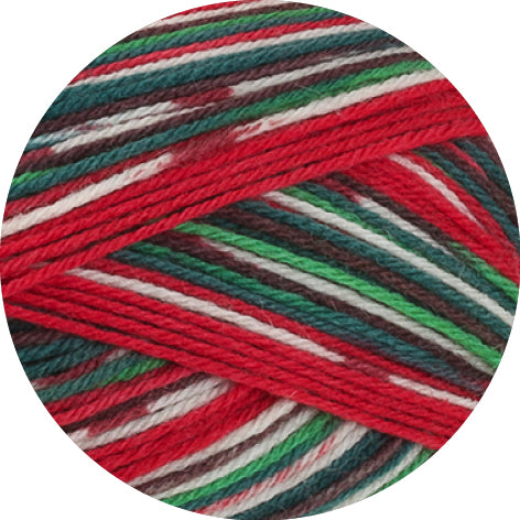 Lana Grossa Meilenweit 100 Merino Christmas 6808 Wit/Donkergroen/Donkerbruin/Oranje/Donkerrood/Lichtgroen - detail van het meerkleurige garen