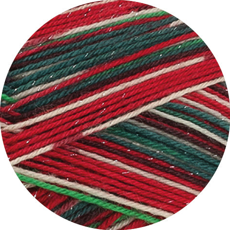 Lana Grossa Meilenweit 6-Fach 150 Merino Christmas Lurex 642 Wit/Donkergroen/Donkerbruin/Oranje/Donkerrood/Lichtgroen - detail van het meerkleurige garen