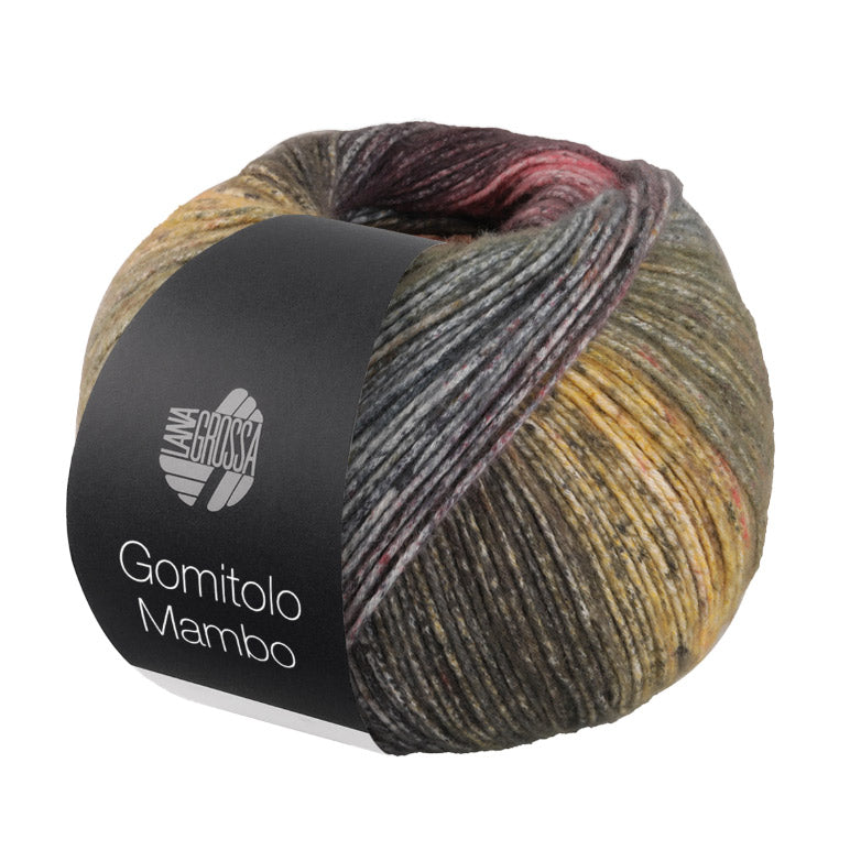 Lana Grossa Gomitolo Mambo 2032 Amber/Donkergrijs/Zwarte Bes/Kruidnagelroze/Mosterdgeel/Mosgroen/Oranje