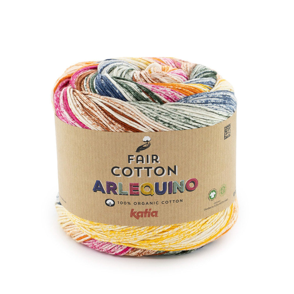 Katia Fair Cotton Arlequino 250 Geel-Fles groen-Donker blauw-Fuchsia