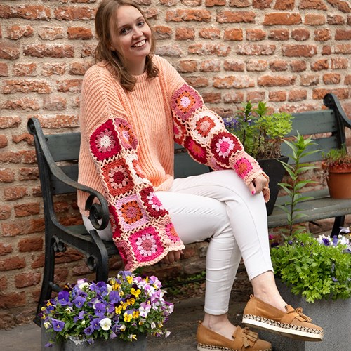 Knitted Sweater with crochet granny sleeves Pink XS/S