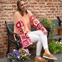 Knitted Sweater with crochet granny sleeves Pink M/L
