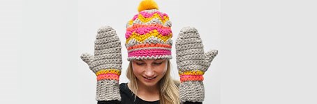 Crochet a cheerful hat and mittens