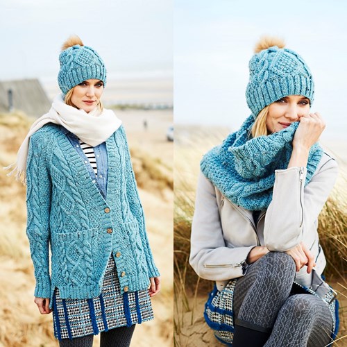 Knitting Pattern Stylecraft Special Aran With Wool No. 9554 Cardigan, Snood, and Hat