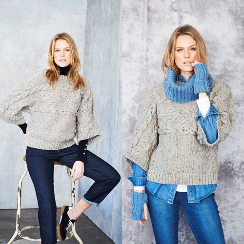 Knitting Pattern Stylecraft Special Aran With Wool No. 9663 Sweater, Cowl, and Wrist Warmers