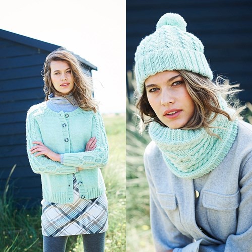 Knitting Pattern Stylecraft Special Aran With Wool No. 9894 Cardigan, Snood, and Hat