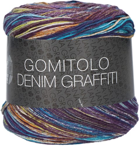 Lana Grossa Gomitolo Denim Grafitti 354 Eggplant / dark blue / mint / turquoise / yellow / pistachio