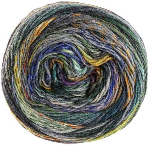 Lana Grossa Colorissimo 202 Erica, light and dark green, olive, orange, wine red, grey violet, grey blue, ochre, dark brown