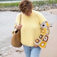 Knitted Sweater with crochet granny sleeves Yellow XS/SKnitted Sweater with crochet granny sleeves Yellow XS/S-2